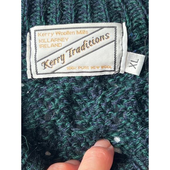 Kerry Traditions size XL sweater 100% wool blue/green chunky cable knit - Picture 6 of 6